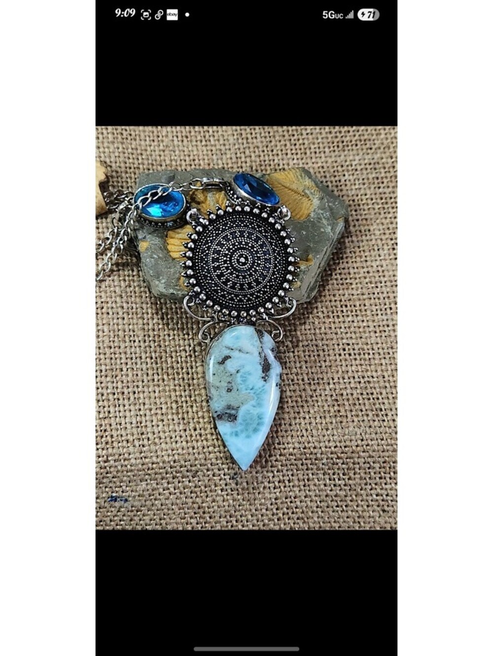 Stunning,Gorgeous,Huge, Vtg-Style,Natural Larimar Cabochon Necklace. S/S Overlay